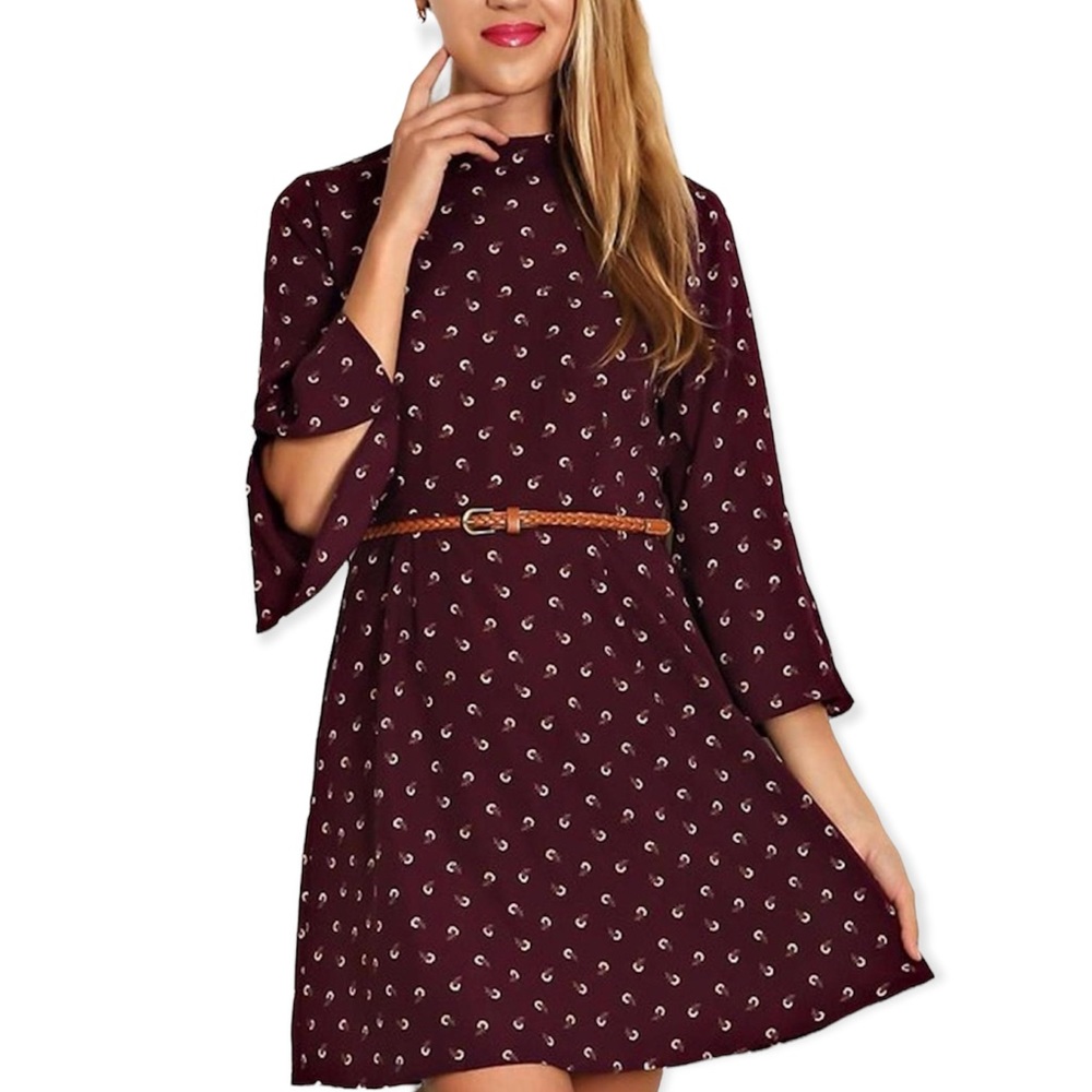PINK OWL BURGUNDY FLOWER PRINT DRESS W/BROWN BELT
